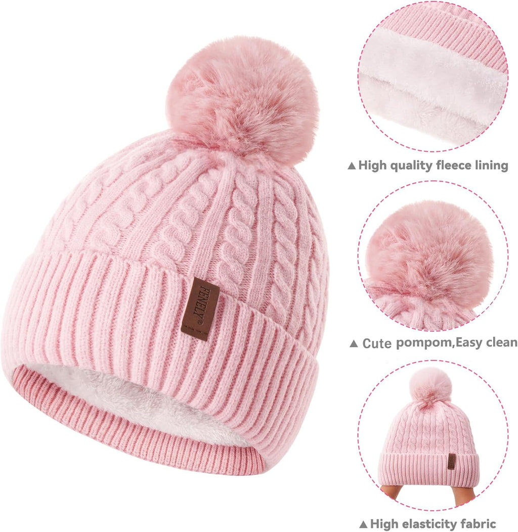 3Pcs Winter Women Beanie Hat Scarf and Touch Screen Gloves Sets Girls Classic Knit Warm Chunky Fleece Lined Cable Cap